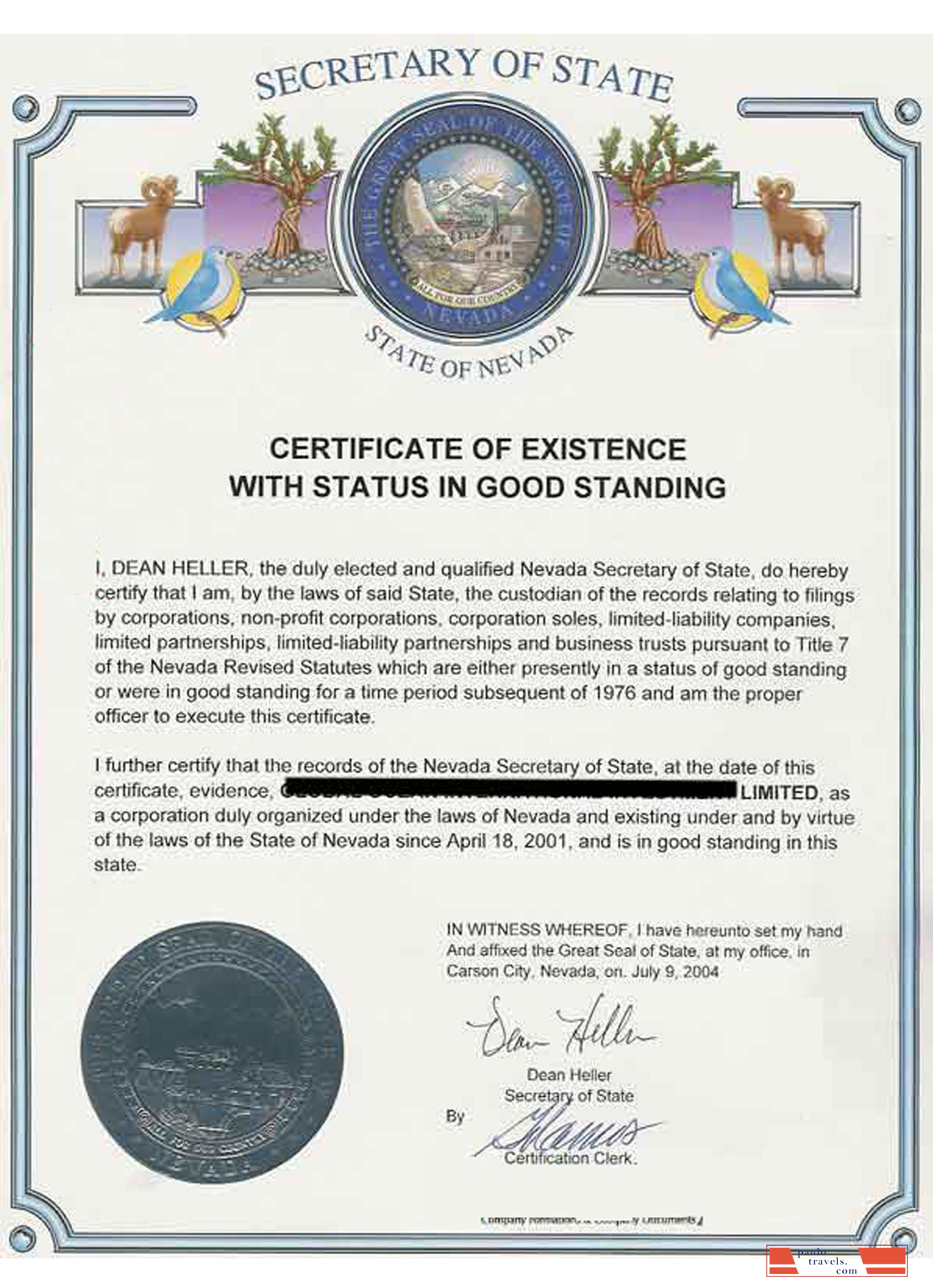 USA Nevada certificate of good standing